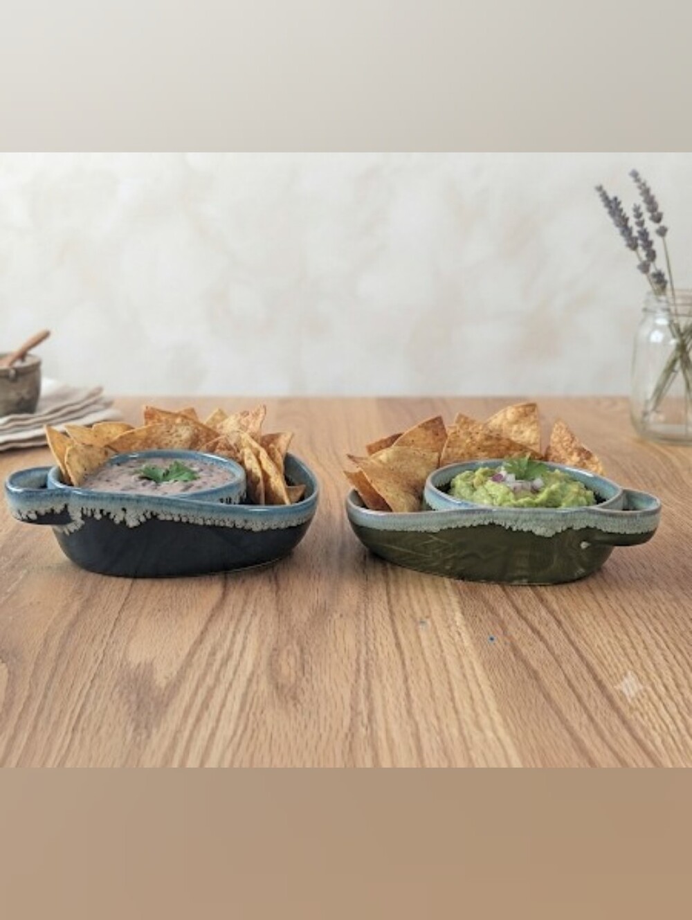 Handmade Ceramic Dip Bowl Set Two-Piece Chip & Dip Serving Platter Olive & Slate